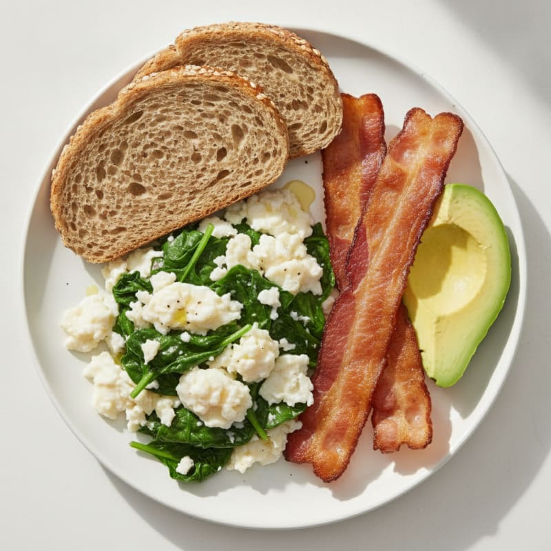 Scrambled Egg Whites with Sautéed Spinach and Turkey Bacon