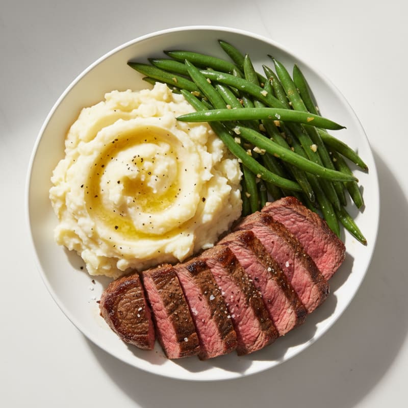 Seared Steak with Garlic Mashed Potatoes and Sautéed Green Beans