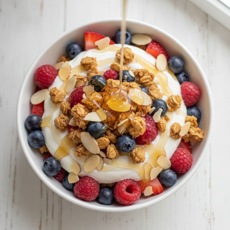 Greek Yogurt Parfait with Mixed Berries and Crunchy Almond Granola