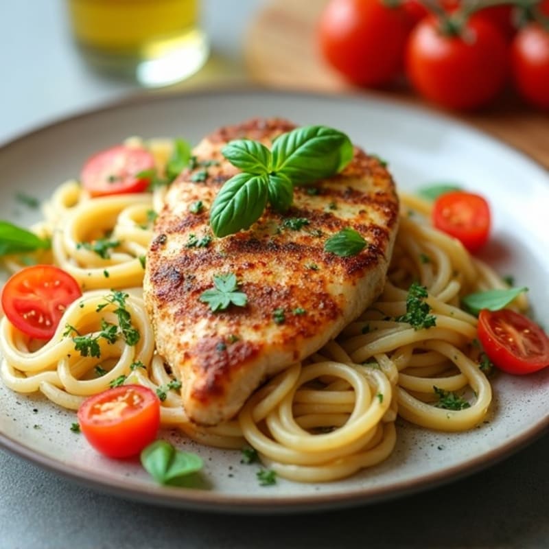 Pan-Seared Chicken with Creamy Pesto Pasta and Fresh Tomatoes
