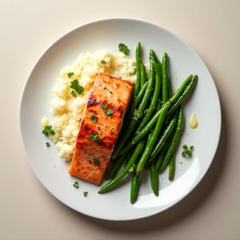 Seared Salmon with Garlic Green Beans and Cauliflower Mash