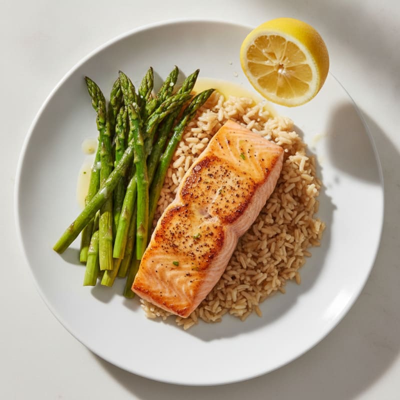Seared Salmon Fillet with Roasted Asparagus and Brown Rice