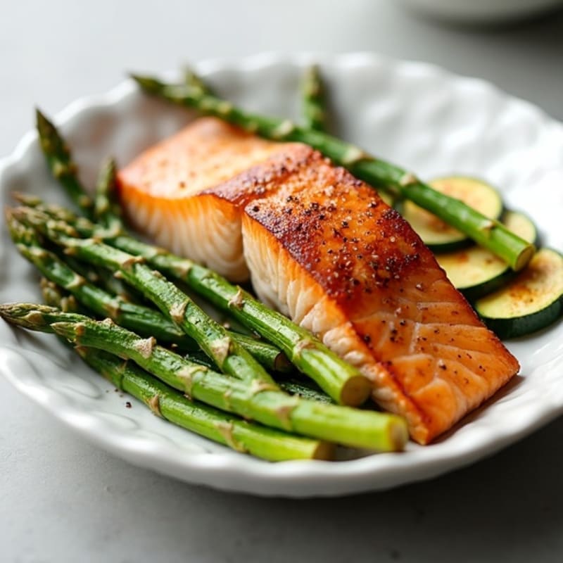 Seared Salmon Fillet with Roasted Asparagus and Zucchini