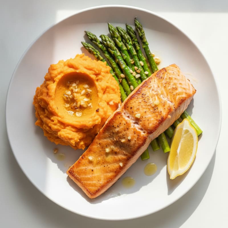 Seared Salmon Fillet with Roasted Asparagus and Sweet Potato Mash