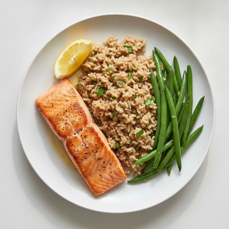 Seared Salmon Fillet with Steamed Green Beans and Herbed Brown Rice