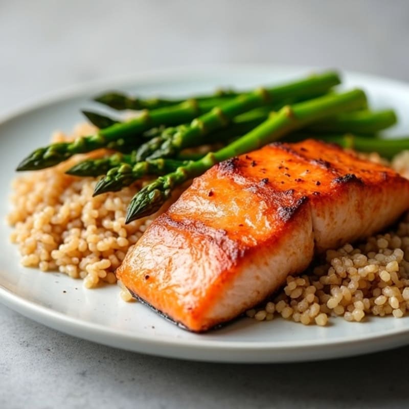 Seared Salmon Fillet with Steamed Asparagus and Brown Rice
