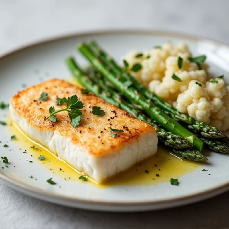 Seared Cod with Steamed Asparagus and Mashed Cauliflower