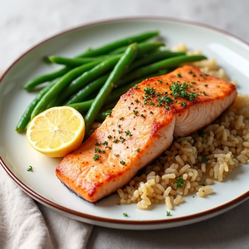Seared Salmon Fillet with Steamed Green Beans and Brown Rice