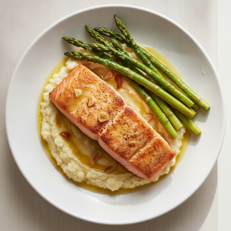 Seared Salmon Fillet with Roasted Asparagus and Cauliflower Mash