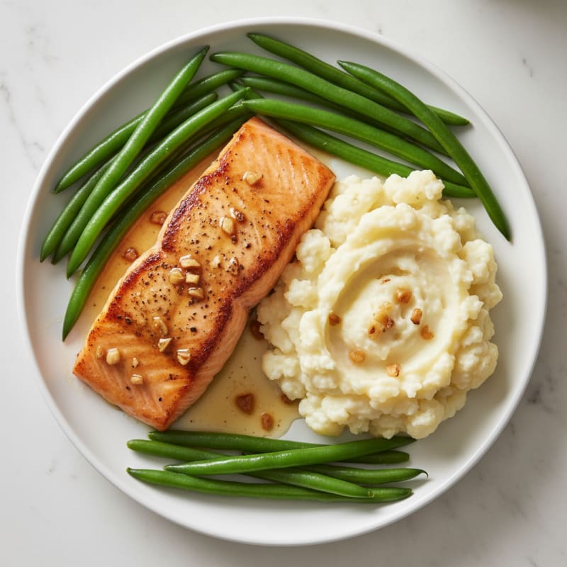 Seared Salmon with Steamed Green Beans and Garlic Mashed Cauliflower