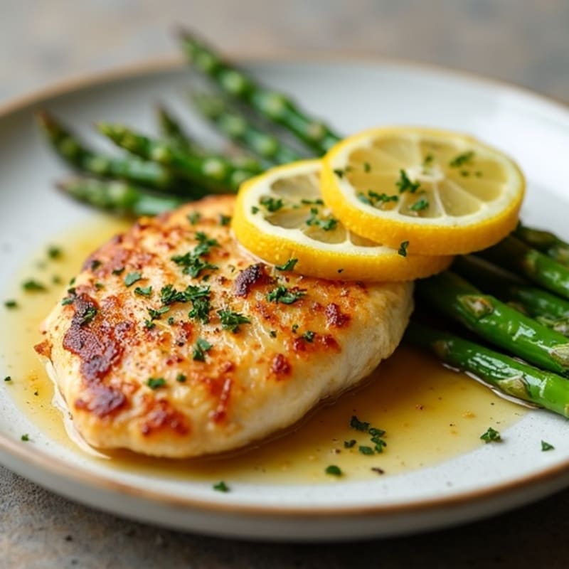 Crispy Pan-Seared Lemon Garlic Chicken Breast with Tender Asparagus