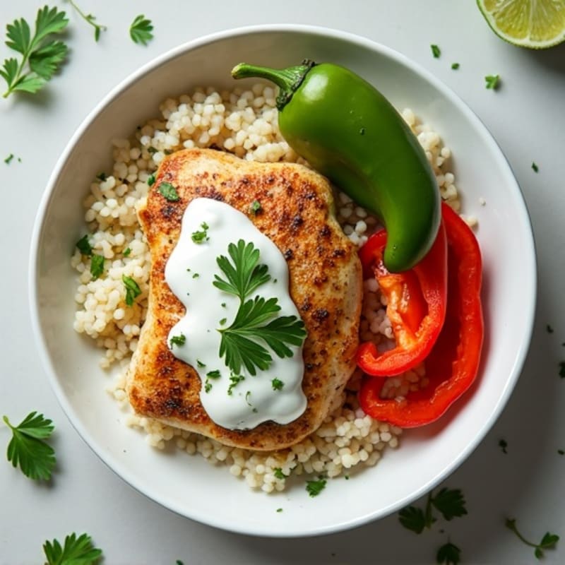 Pan-Seared Chicken with Creamy Cilantro-Lime Greek Yogurt Sauce, Roasted Peppers, and Fluffy Bone Broth Rice
