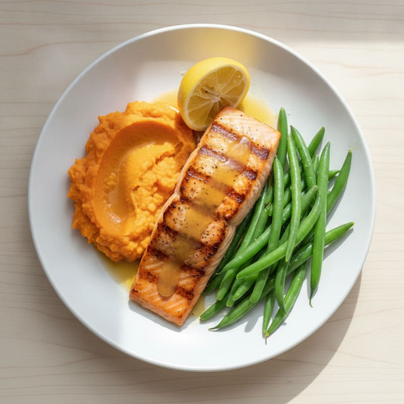 Seared Salmon Filet with Steamed Green Beans and Sweet Potato Mash