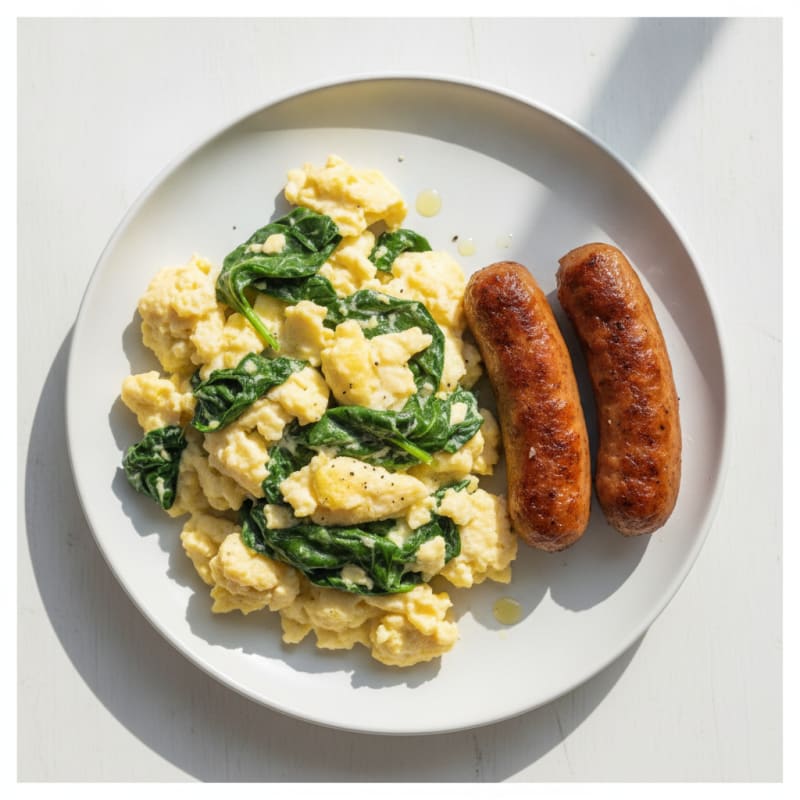 Scrambled Eggs with Sautéed Spinach and Turkey Sausage