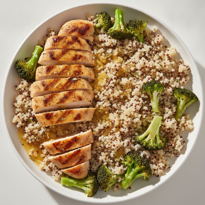 Grilled Lemon Herb Chicken Breast with Quinoa and Steamed Broccoli