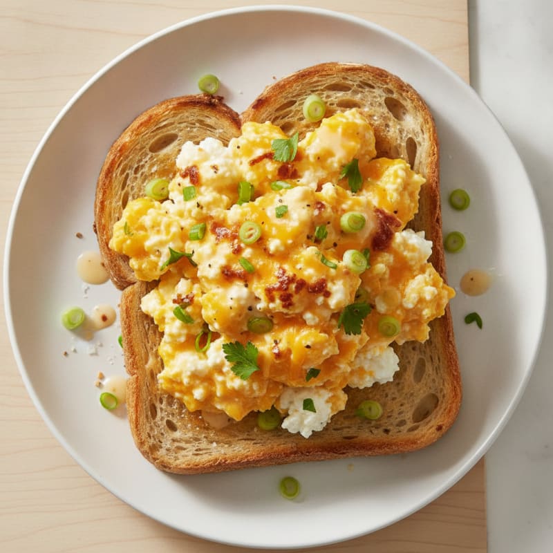 Cottage Cheese and Cheddar Scramble on Sourdough Toast