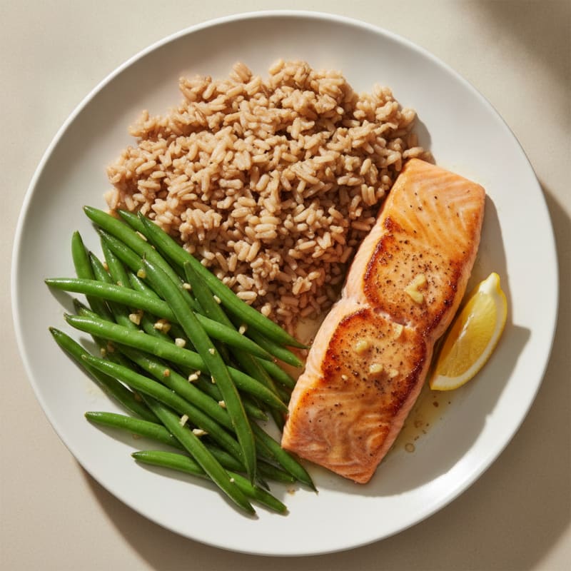 Seared Salmon Fillet with Garlic Green Beans and Brown Rice