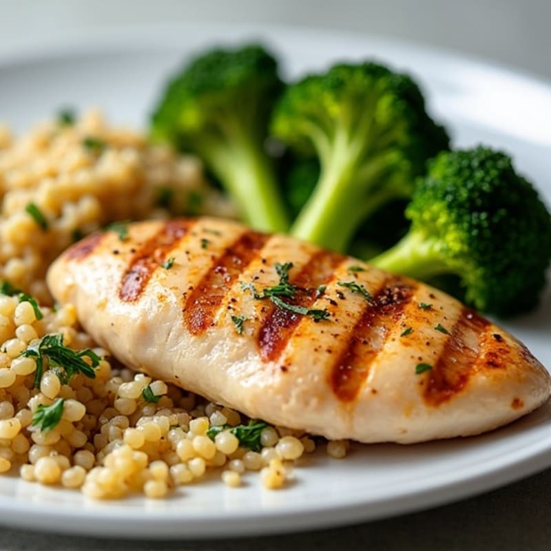 Grilled Chicken Breast with Roasted Broccoli and Quinoa Salad