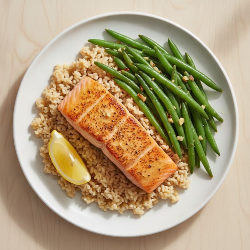 Seared Salmon with Garlic Green Beans and Brown Rice
