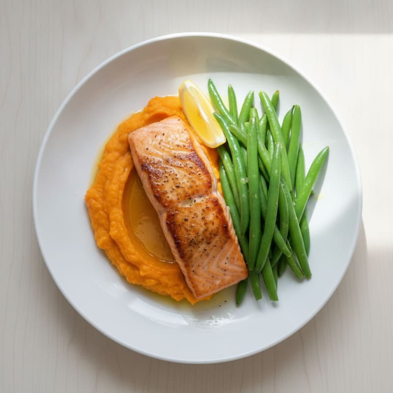 Seared Salmon with Steamed Green Beans and Sweet Potato Mash