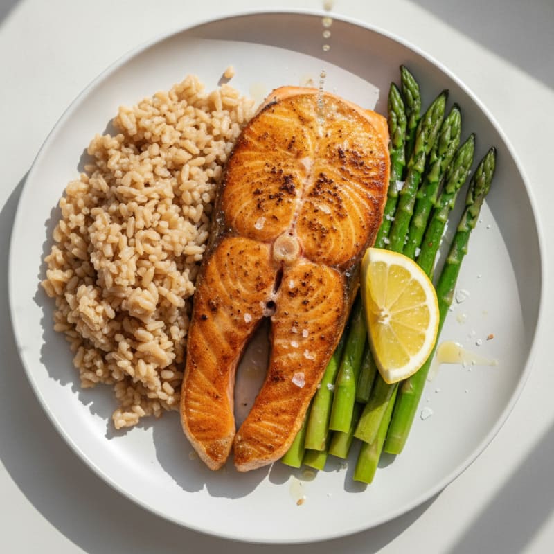 Seared Salmon Fillet with Steamed Asparagus and Brown Rice