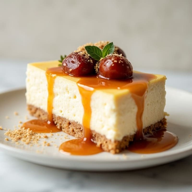 Lightened-Up Vanilla Bean Cheesecake with Date Caramel Drizzle