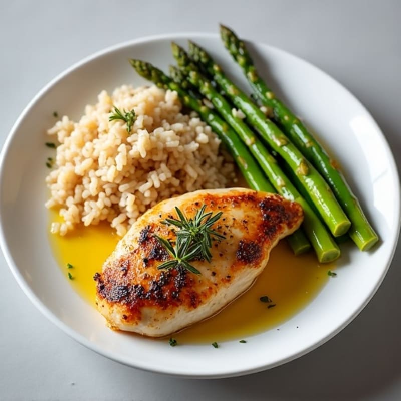 Lemon Herb Roasted Chicken with Fluffy Brown Rice and Roasted Asparagus