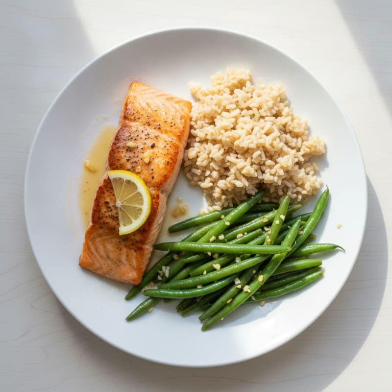 Seared Salmon with Garlic Green Beans and Brown Rice