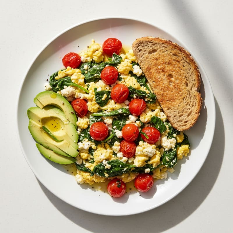 Cottage Cheese Egg Scramble with Spinach and Cherry Tomatoes