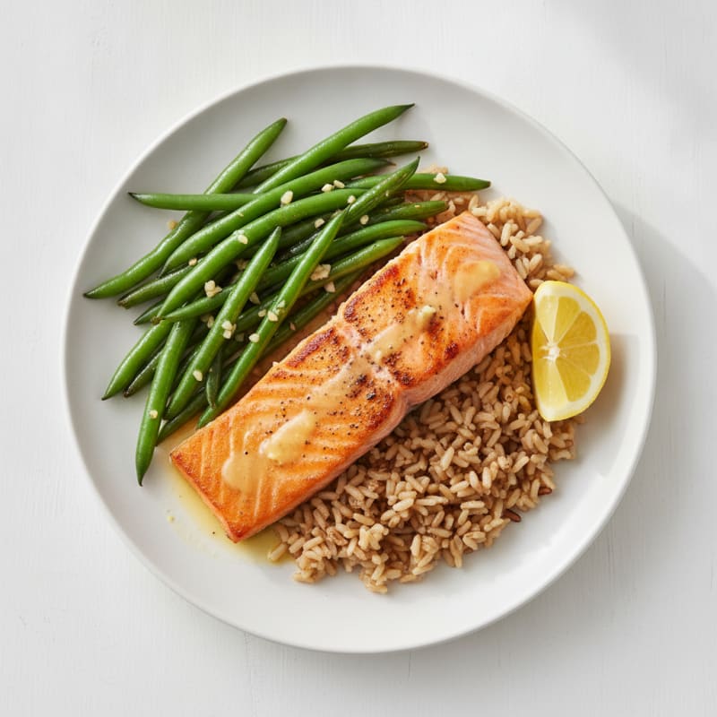 Seared Salmon Fillet with Garlic Green Beans and Brown Rice