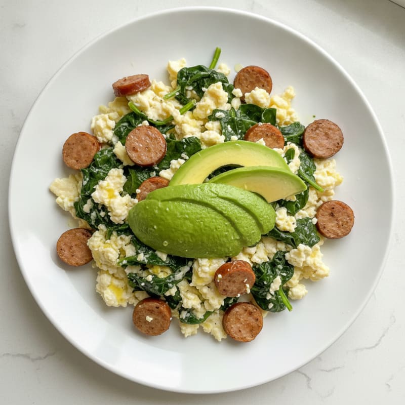Egg White Scramble with Turkey Sausage and Sautéed Spinach