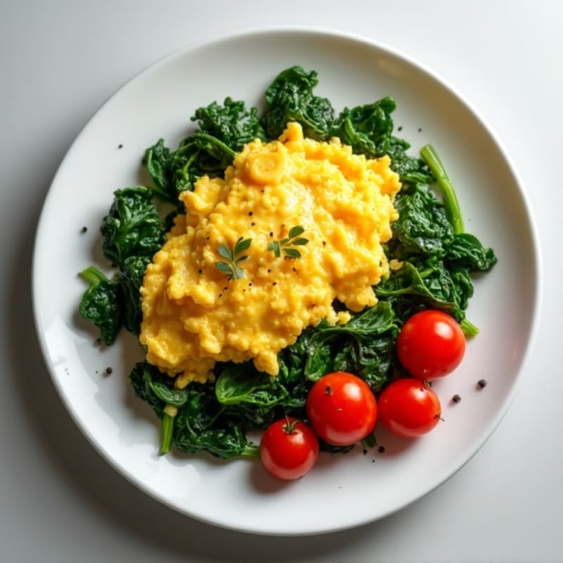 Fluffy Scrambled Eggs with Sautéed Spinach and Cherry Tomatoes