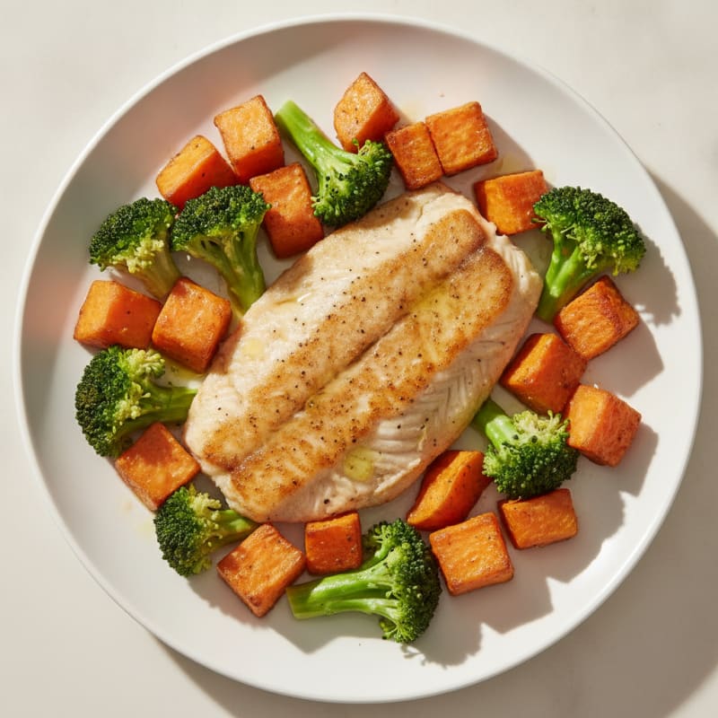Seared Tilapia with Roasted Sweet Potatoes and Steamed Broccoli
