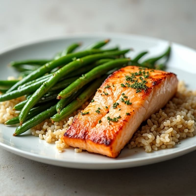 Seared Salmon with Garlic Green Beans and Brown Rice