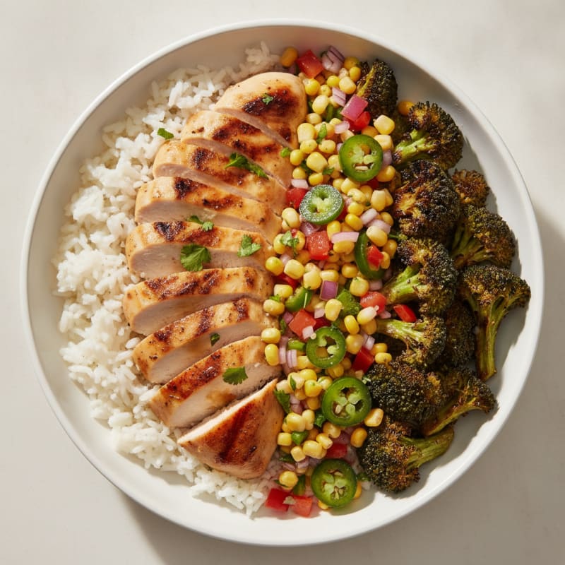 Grilled Chicken and Roasted Broccoli Rice Bowl with Spicy Corn Salsa