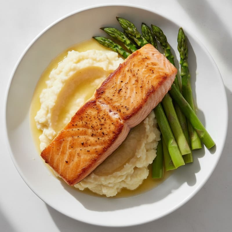 Seared Salmon with Steamed Asparagus and Garlic Mashed Cauliflower