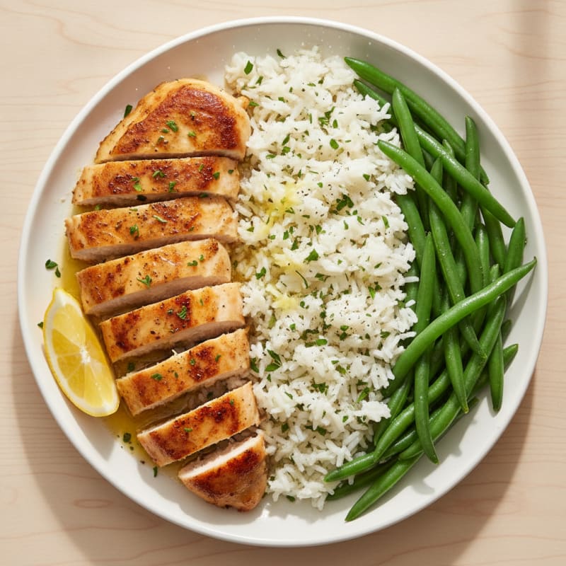 Pan-Seared Chicken Breast with Herbed Rice and Steamed Green Beans