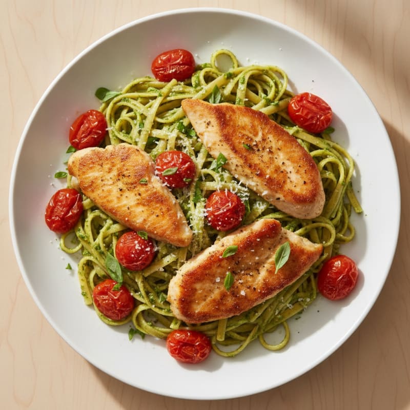 Pesto Chicken Linguine with Blistered Tomatoes