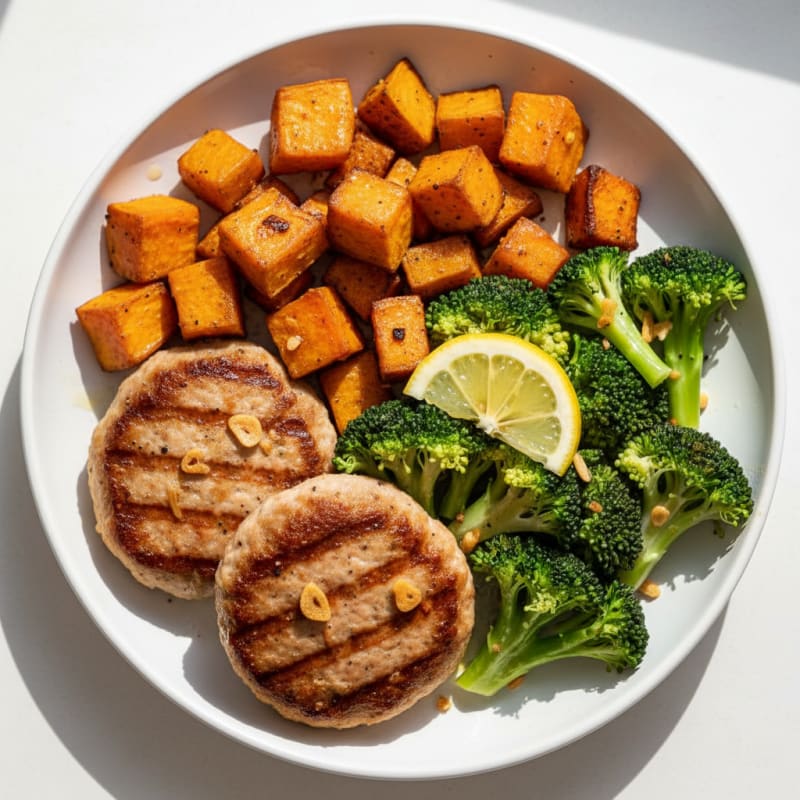 Seared Turkey Patties with Roasted Sweet Potato and Steamed Broccoli