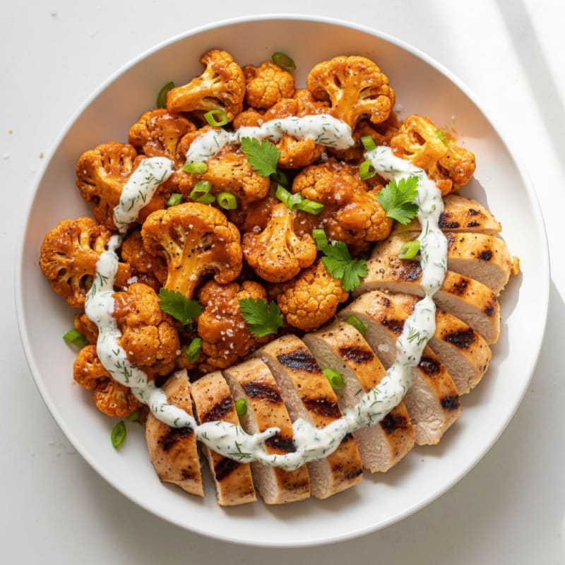 Crispy Buffalo Roasted Cauliflower Bites with Grilled Chicken