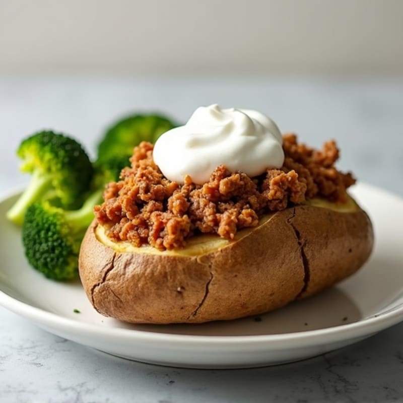 Loaded Baked Potato with Seasoned Ground Turkey, Steamed Broccoli, and Creamy Greek Yogurt