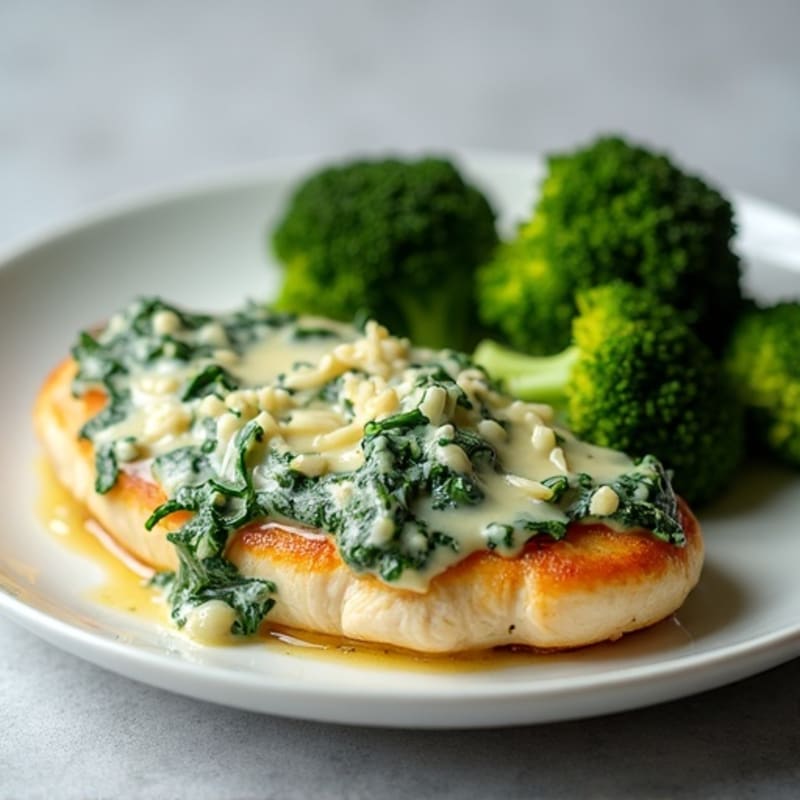 Baked Creamy Spinach Artichoke Chicken with Roasted Broccoli