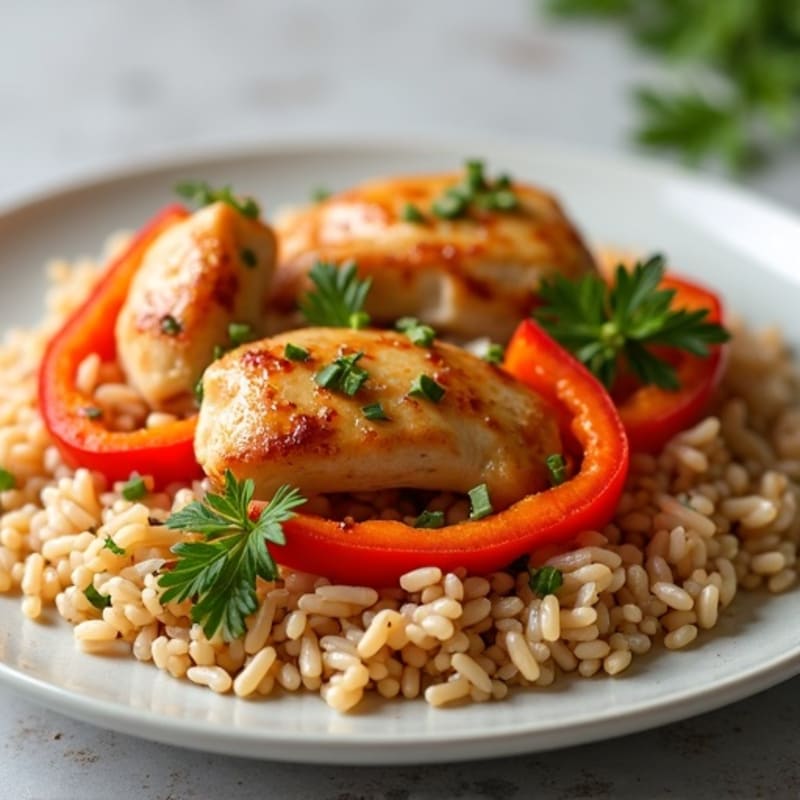 Savory Simmered Chicken and Brown Rice with Fresh Bell Peppers