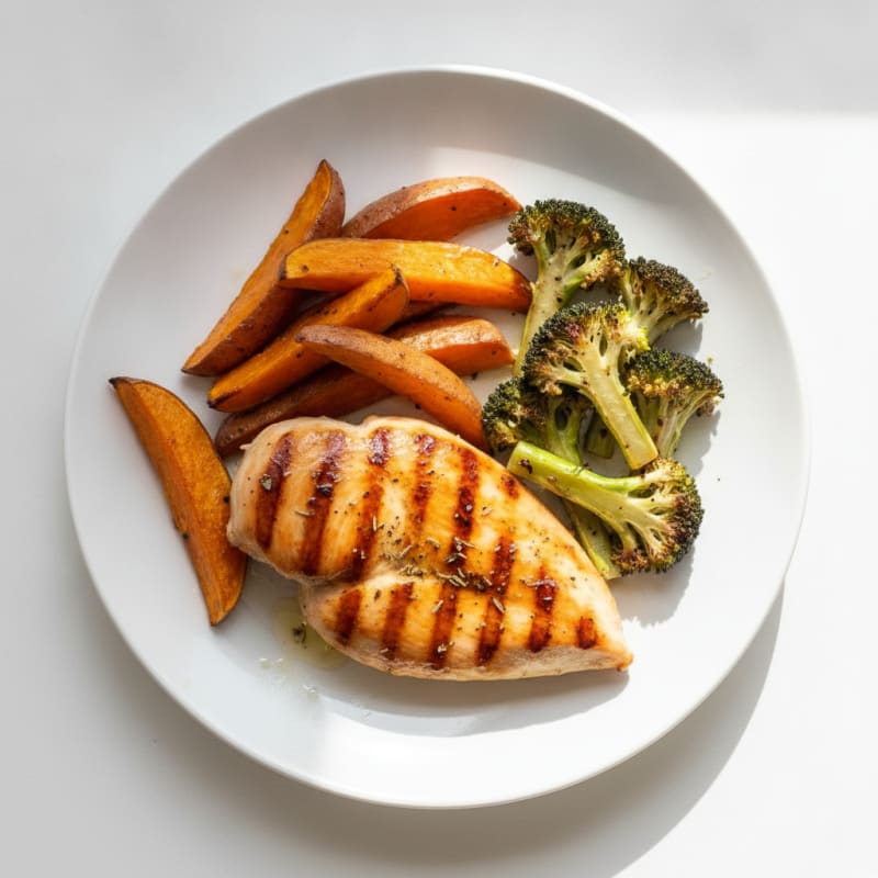 Grilled Chicken Breast with Roasted Sweet Potato and Broccoli