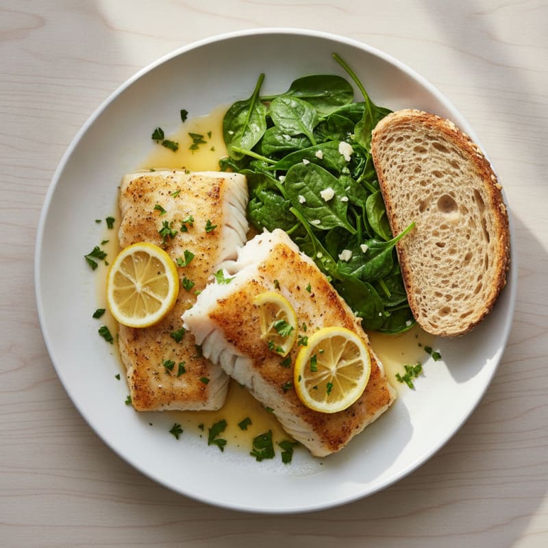 Lemon Herb Baked Cod with Garlic Sautéed Greens