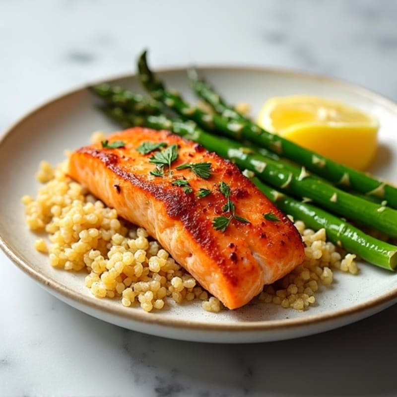 Crispy Pan-Seared Salmon with Roasted Asparagus and Lemon Quinoa