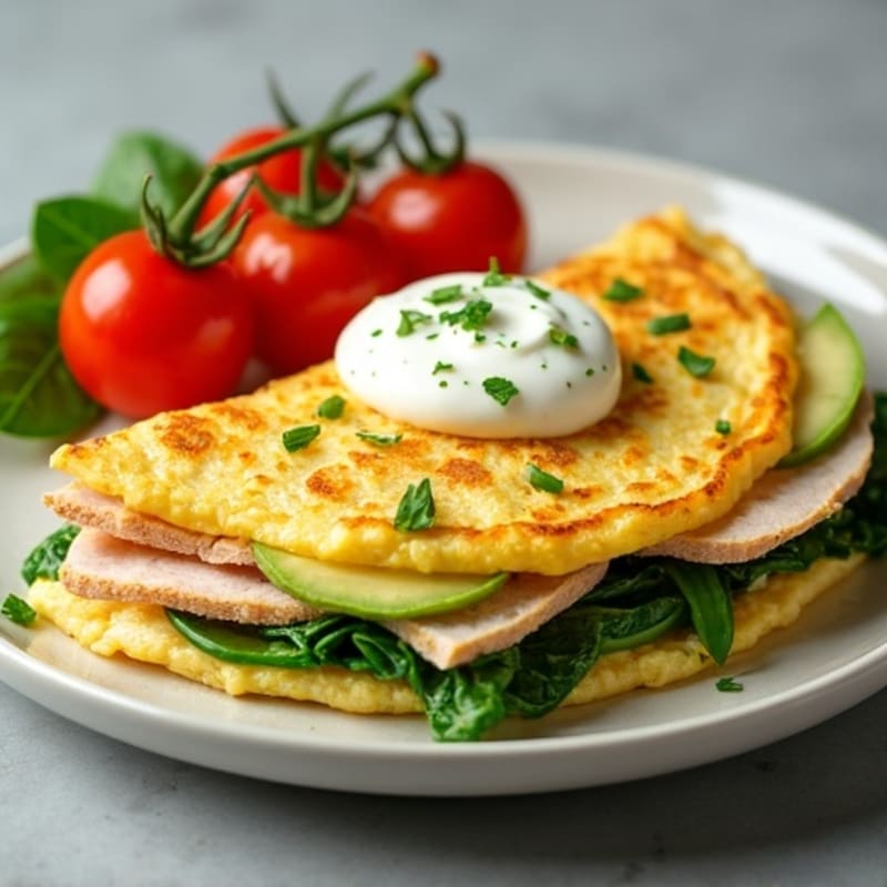 Egg White Spinach Omelette with Cottage Cheese, Turkey, and Fresh Tomato