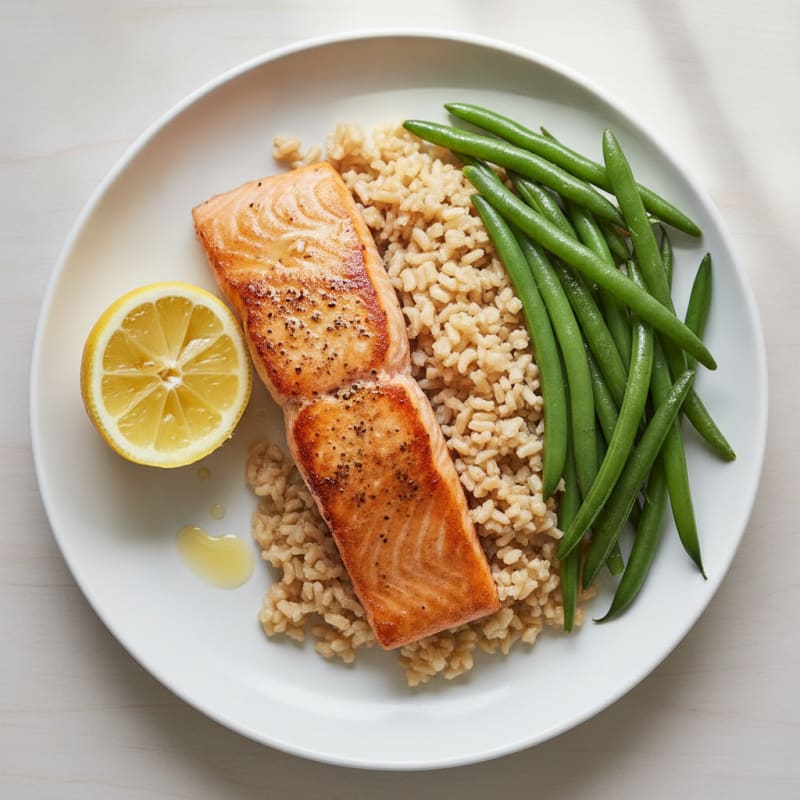 Seared Salmon Fillet with Steamed Green Beans and Brown Rice
