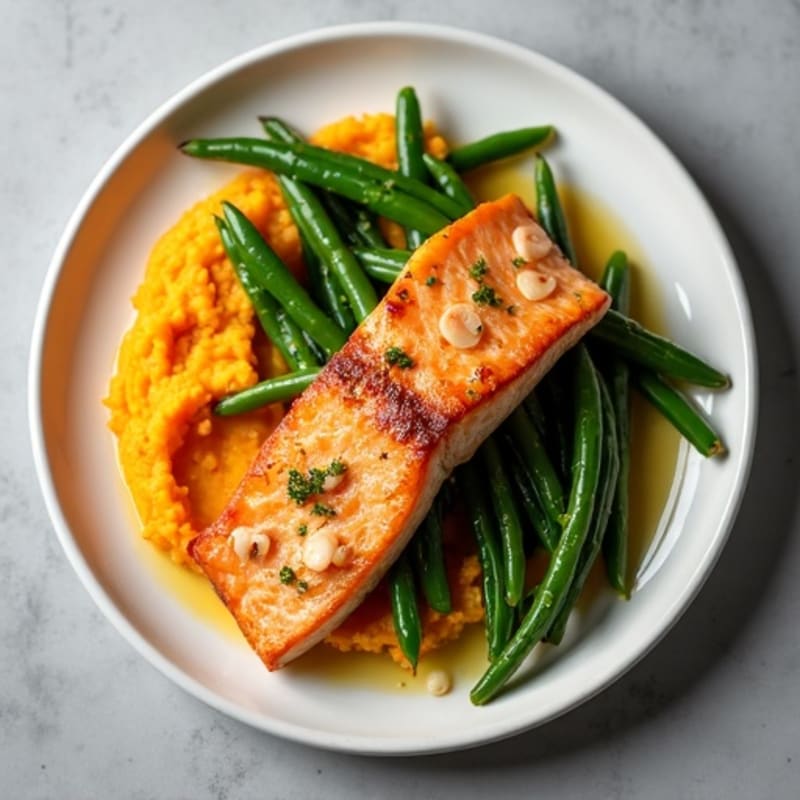 Seared Salmon with Garlic Green Beans and Sweet Potato Mash