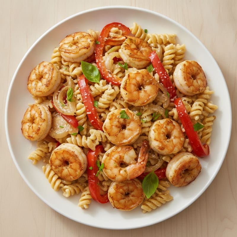 Creamy Alfredo Shrimp Pasta with Roasted Onions and Peppers